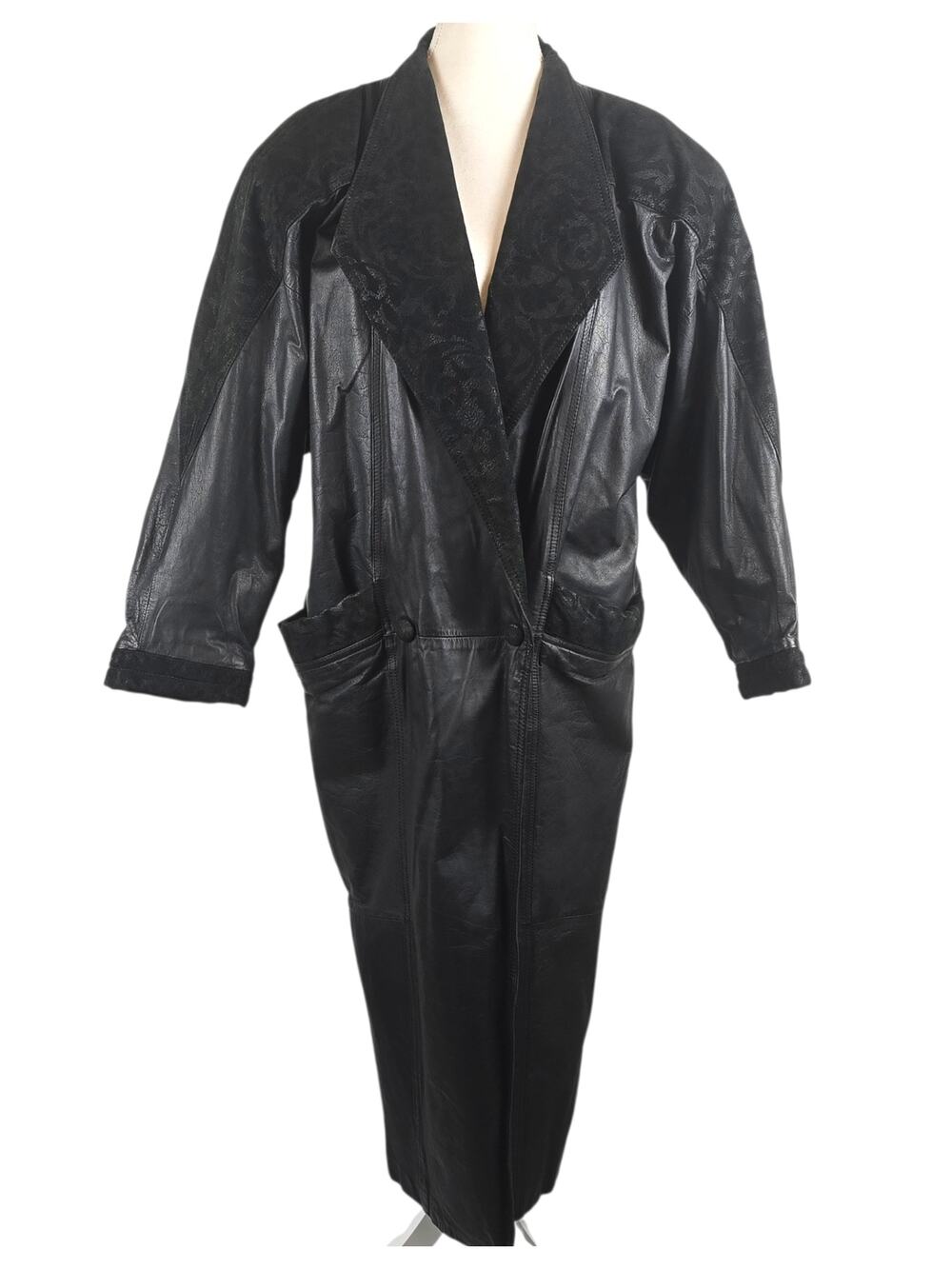 Winlit Womens Small Oversized Black Leather Trench Coat Paisley Goth Mob Wife